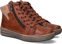 Paar cognac leren hoge veterschoenen met ritssluiting en beige gebreide voering.