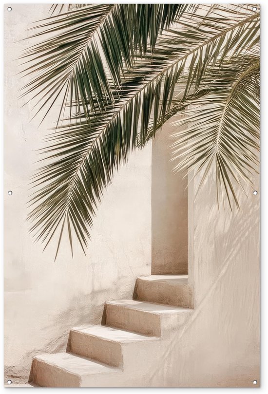 Tuinposter 120x180 cm - Tuindecoratie Palmboom - Schaduw - Trap - Beige - Poster voor in de tuin - Buiten decoratie - Schutting tuinschilderij - Tuindoek muurdecoratie - Wanddecoratie balkondoek