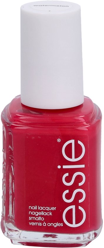 Essie nagellakflesje 'watermelon' in de kleur felrood op een witte achtergrond.
