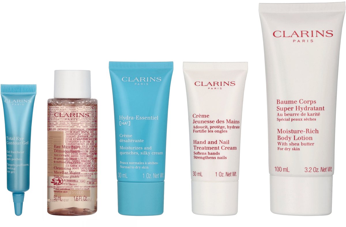 Clarins Head - To -Toe Moisturizing Essentials Set 217 ml - Eau Micellaire 50ml/Total Eye gel 7ml/Silky Cream 30ml/Hand And Nail Cream 30ml/Body Lotion 100m