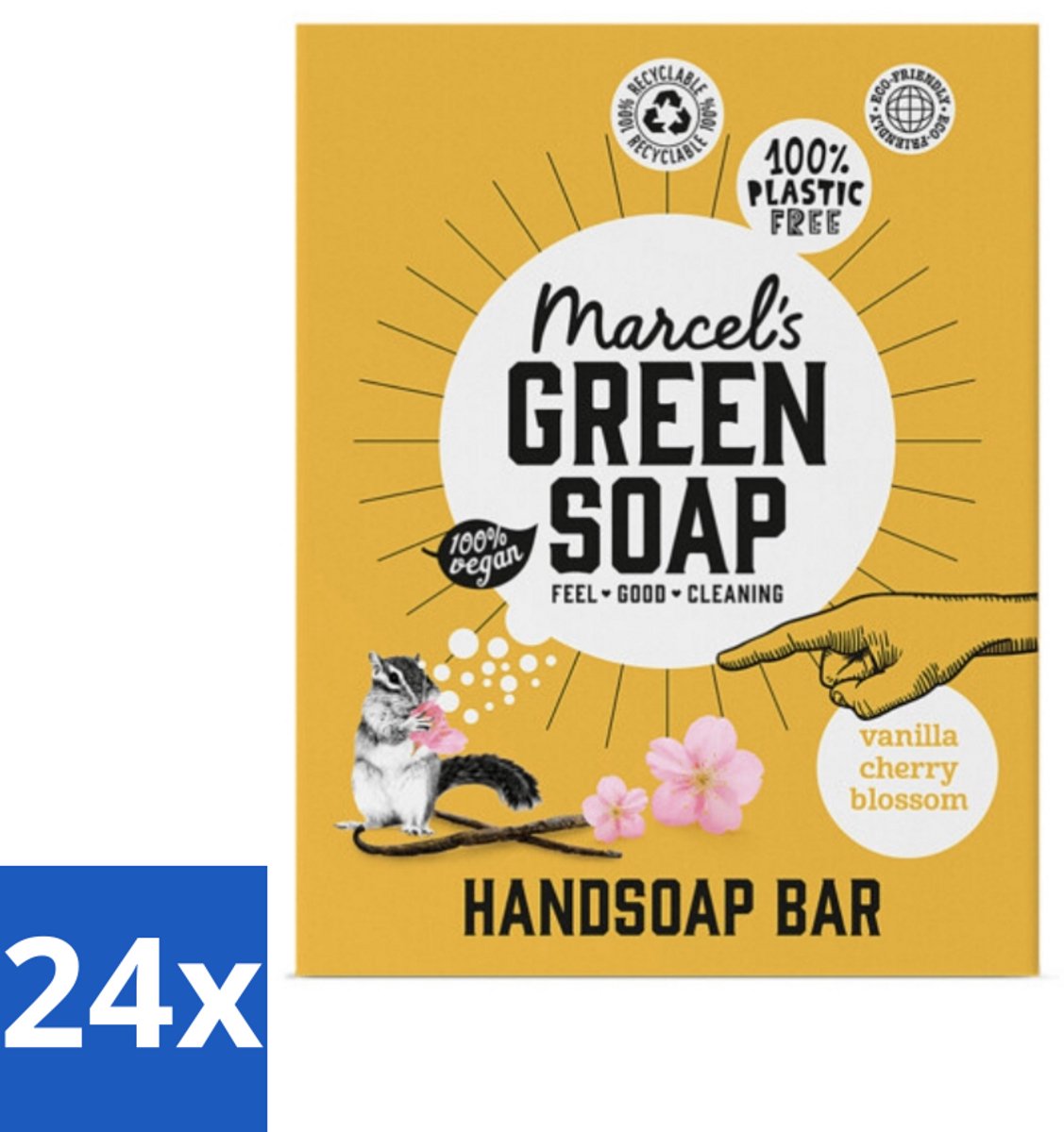 24 x Marcel's Green Soap - Handzeep Bar - Vanille & Cherry Blossom - Krachtige werking - 90 gr - Handzeep - Biologische Zeep - Plasticvrije Zeep - Vegan Zeep - Natuurlijke Zeep