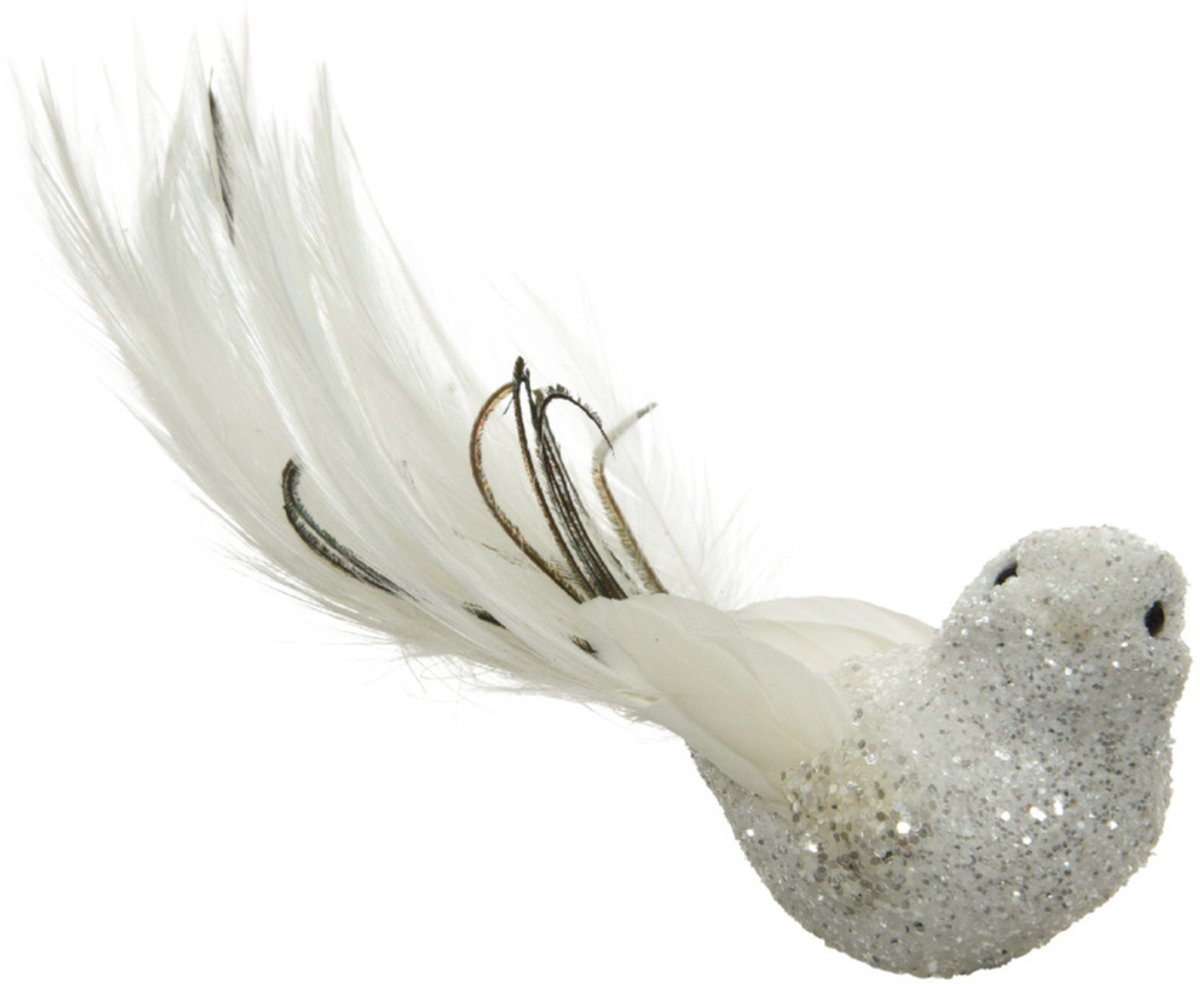Decoris Kerstboomversiering Vogel - 17 cm - wit glitter - op clip - ornament