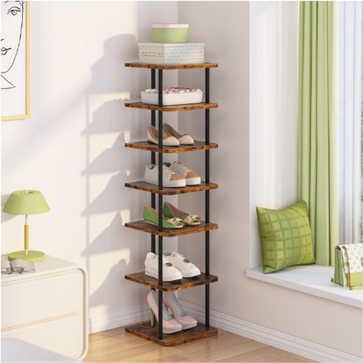 Schoenenrek Organizer - 7 Laags Smal Schoenenrek - Metalen Schoenenrek Toren - Schoenenkast Voor Hal Gang Voordeur En Kleine Ruimtes - Houtkleur