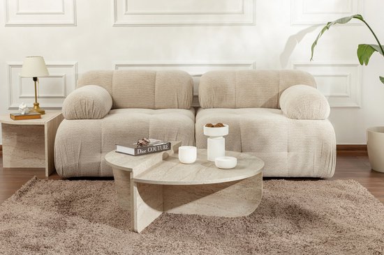 Set de 2 tables basses - Effet travertin beige - ALOEVA L 90 cm x H 30 cm x P 60 cm