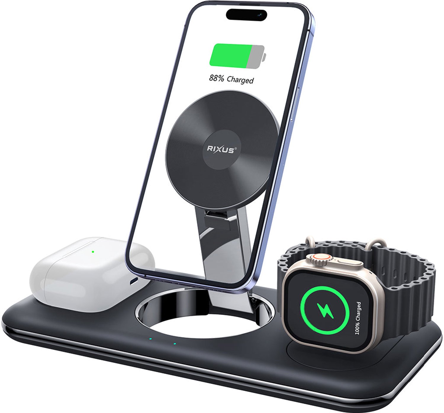 Rixus 3 in 1 Wireless Charger Stand For Phone, Watch And Airpods