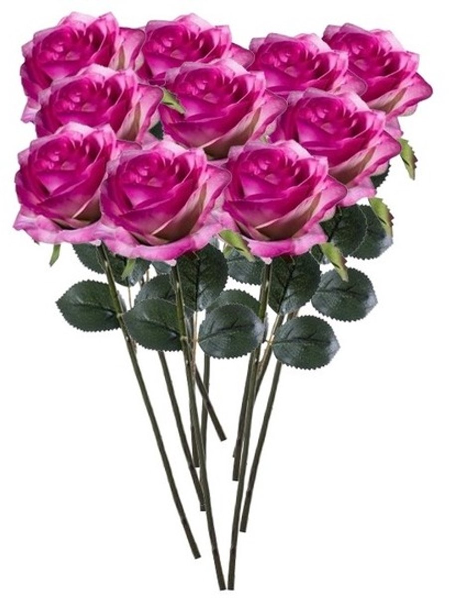 Bellatio Flowers & Plants Emerald Kunstbloemen roos - 10x - rozen - Simone - fuchsia - 45 cm - decoratie bloemen Paars