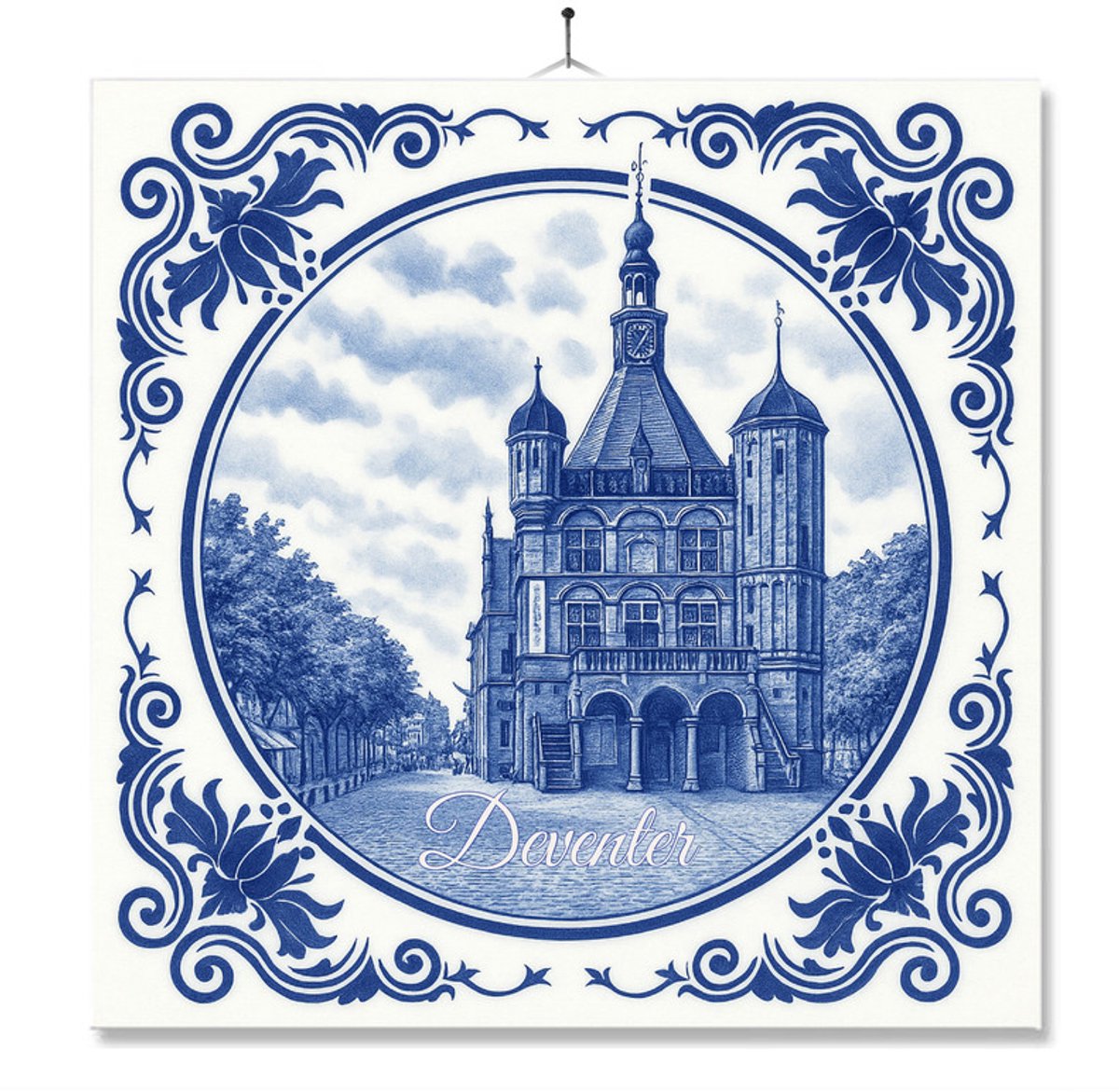 Tegel Met Opdruk | Deventer | Delft Blauw | Cadeau | Inclusief Geschenkdoos | Standaard | Ophangsysteem