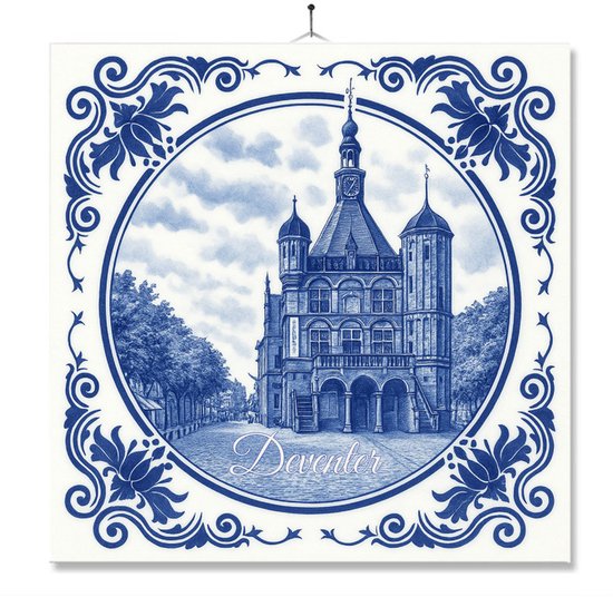 Tegel Met Opdruk | Deventer | Delft Blauw | Cadeau | Inclusief Geschenkdoos | Standaard | Ophangsysteem
