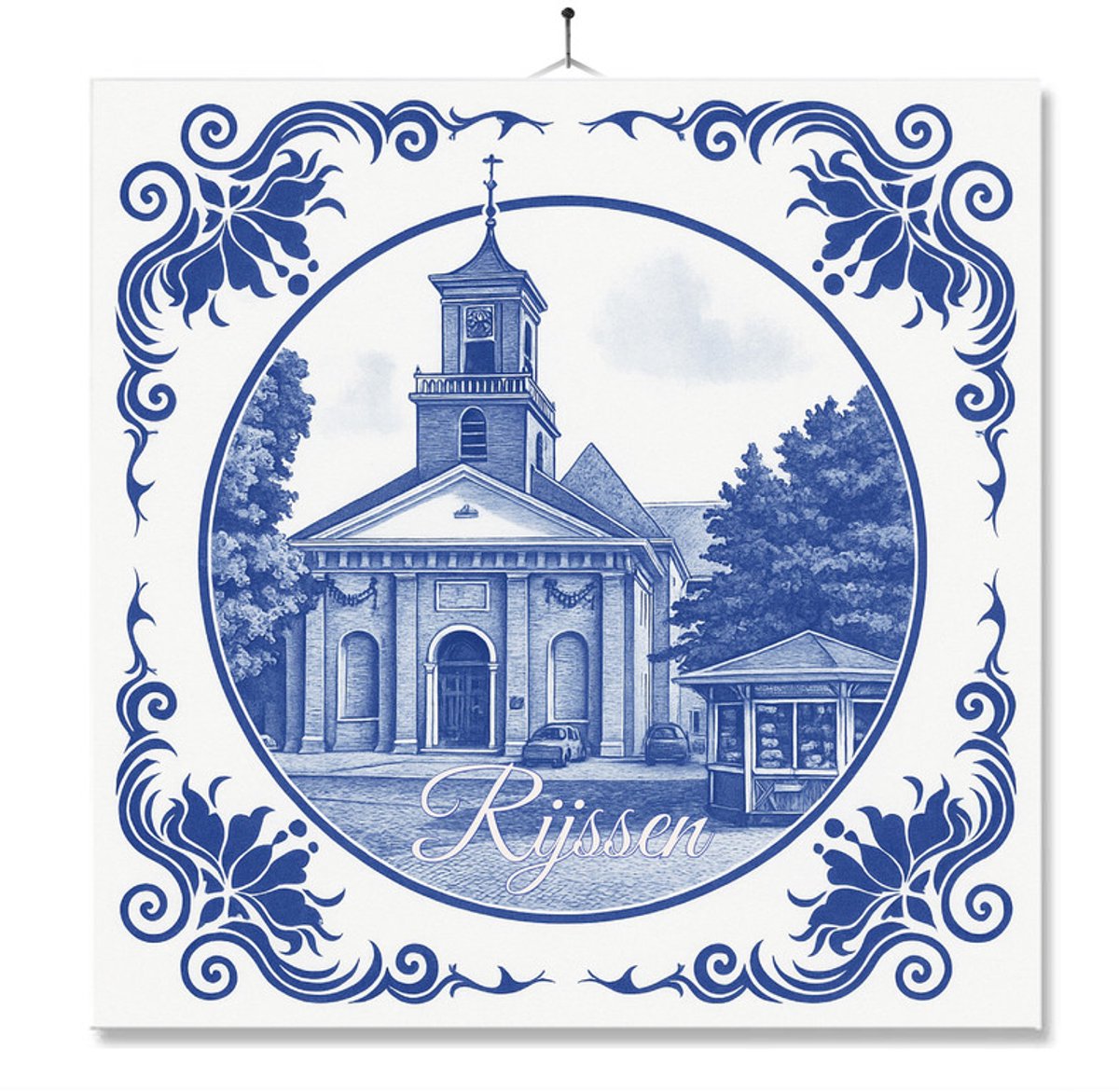Tegel Met Opdruk | Rijssen | Delft Blauw | Cadeau | Inclusief Geschenkdoos | Standaard | Ophangsysteem