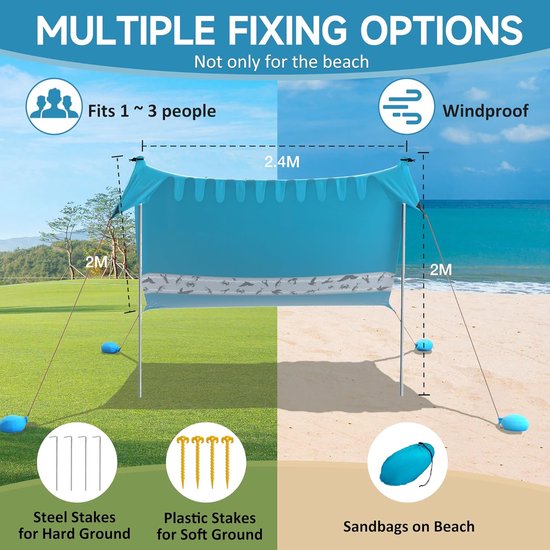 Strandtent Draagbare Zonnescherm Zonnedak Zonnenschuilplaats UPF50+ 24 m x 2 m met 2 Aluminium Palen en Opbergtas Voor Strand Camping Blauw - Geschikt voor 1-3 Personen van Merkloos — afbeelding 5