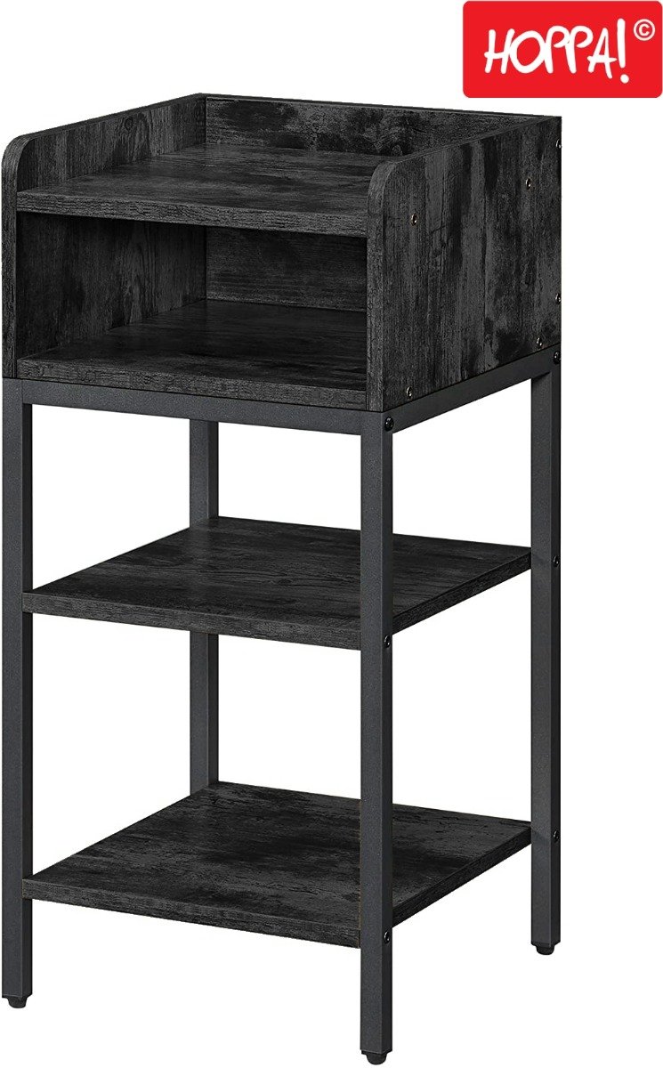Hoppa! Nachtkastje | Hoog met Open Vak en 2 Legplanken | Vintage Zwart | 35 x 35 x 70 cm (B x D x H)
