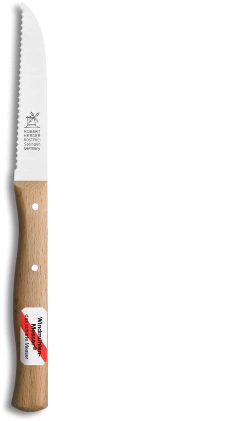 Gekarteld mes met licht gebogen lemmet, houten handvat en een liniaal. "Windmühlen Messer das scharfe Messer" staat op een label.