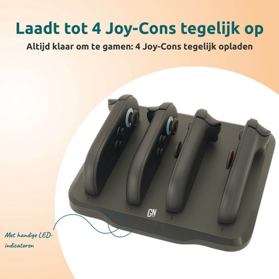 Zwart laaddock met 4 Joy-Cons, voorzien van LED-indicatoren, laadt 4 controllers tegelijk op.