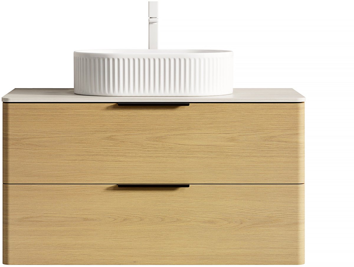 Merax 90cm Hangend Badkamermeubel met Ovaal Keramisch Wasbak – Badkamerkast met Travertin Sintersteen Blad en 2 Lades – Wit met Beige en Eikenhout Bruin