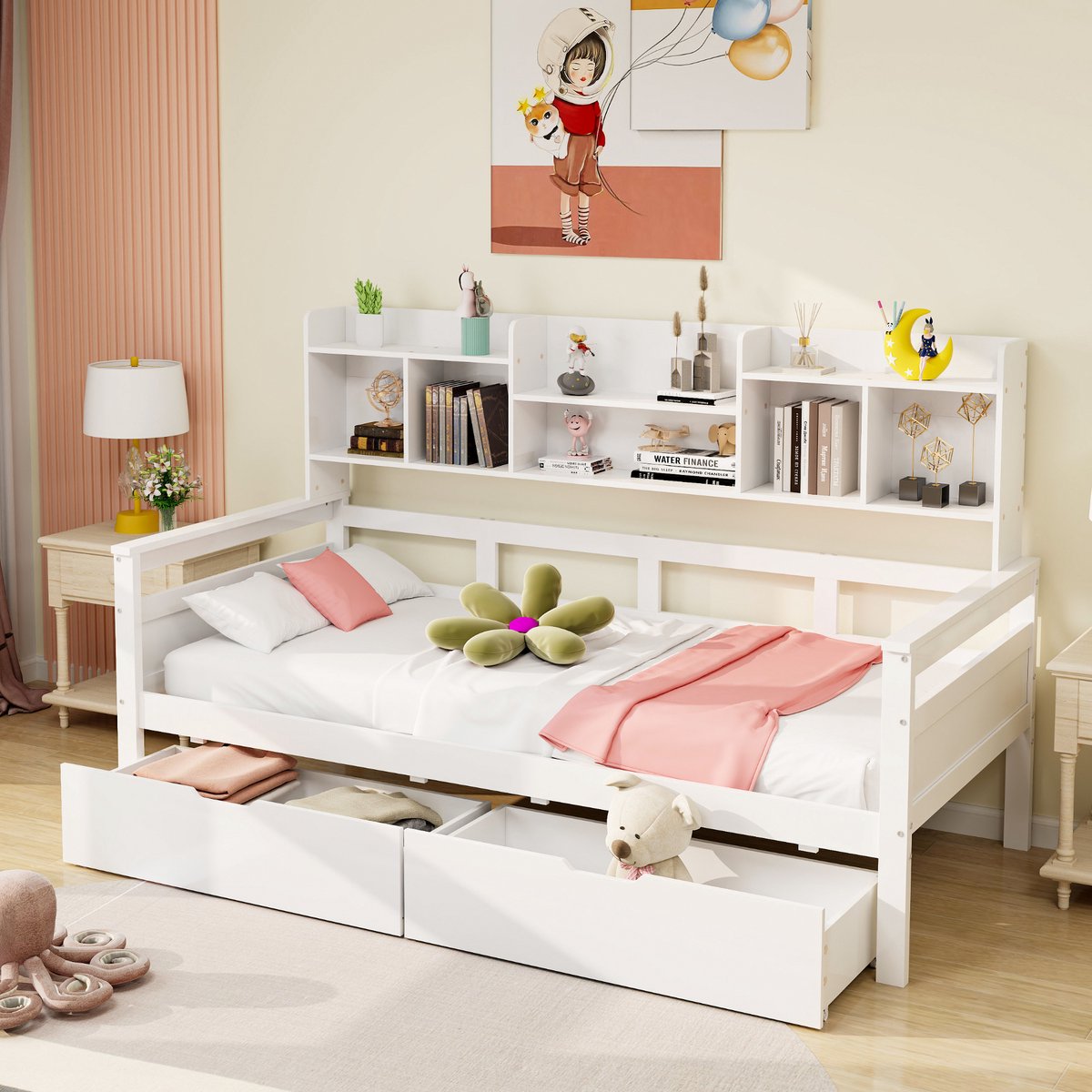 PHOEBE CAT Slaapbank - 90x200cm - 2 lades - Boekenplank - Houten kinderbed - Wit