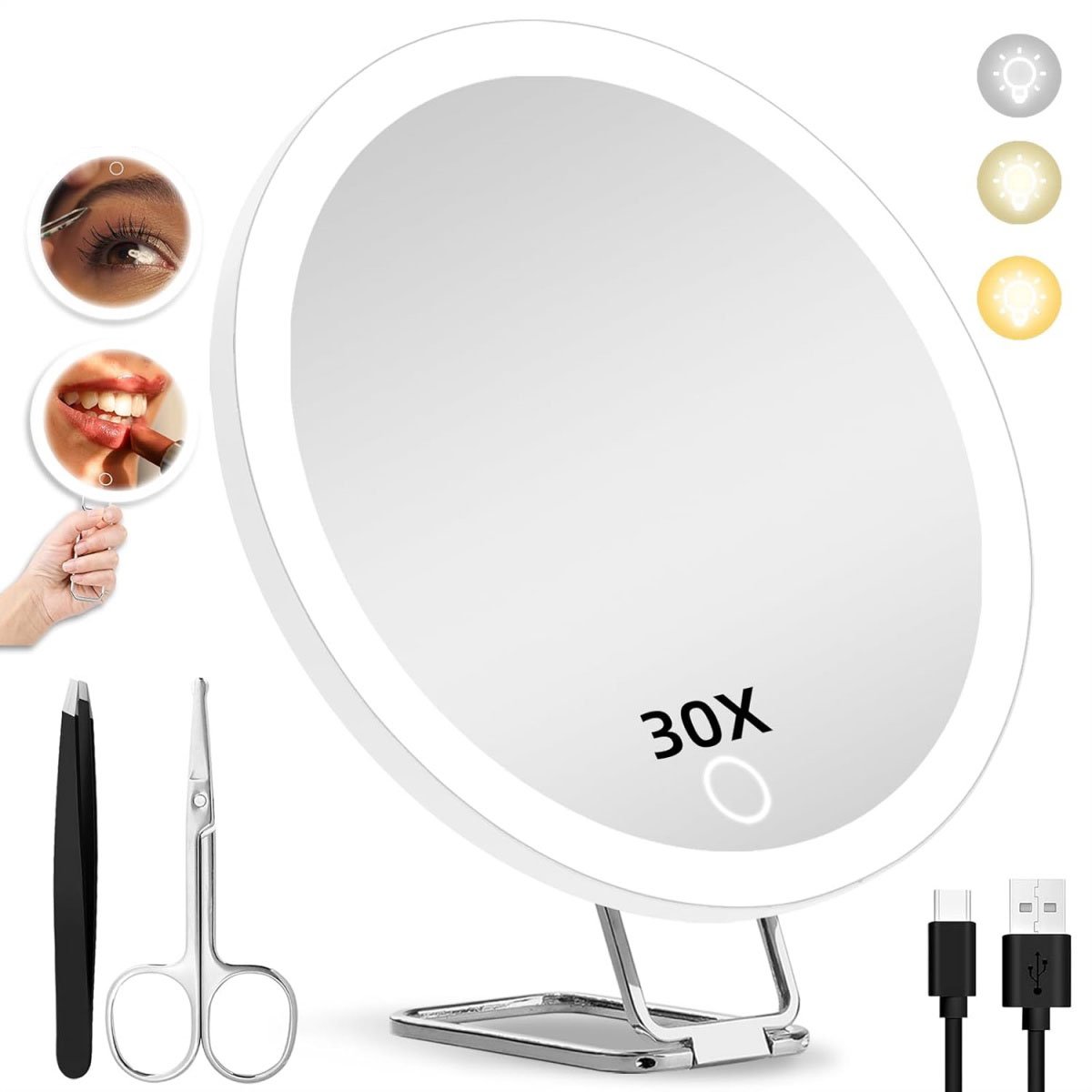 Vitdipy - Make Up Spiegel - Met LED Verlichting - USB oplaadbaar - 3 kleurtemperaturen - Instelbare helderheid - Make-upspiegel met 30x vergroting - 360° draaibaar - Wit