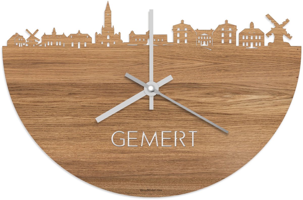 Skyline Klok Gemert Eikenhout - Ø 40 cm - Stil uurwerk - Wanddecoratie - Meer steden beschikbaar - Woonkamer idee - Woondecoratie - City Art - Steden kunst - Cadeau voor hem - Cadeau voor haar - Jubileum - Trouwerij - Housewarming - WoodWideCities