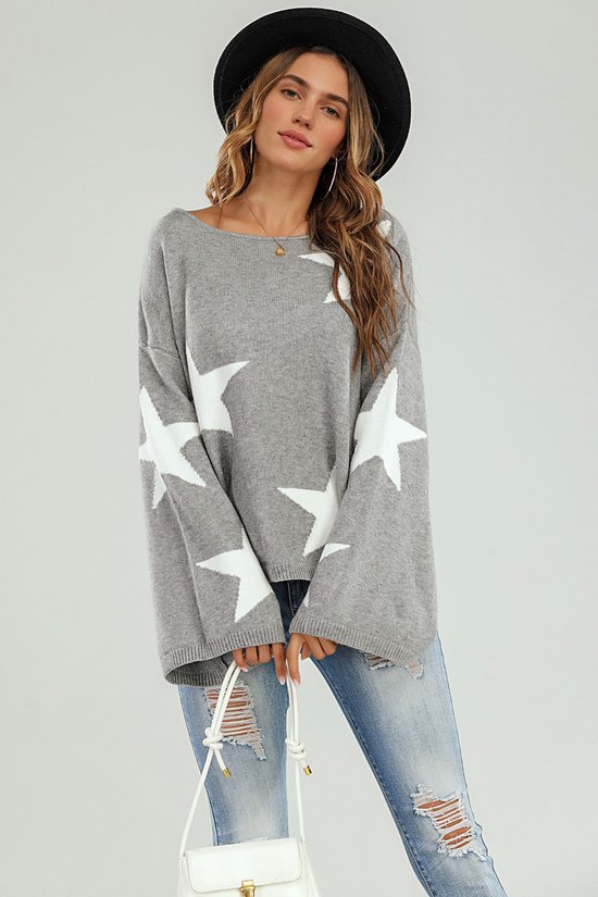 Oversized grijze trui met wijde mouwen en witte ster