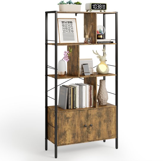 Xbro Boekenkast – Industrieel met 4 Open Planken & Opbergkast met Deuren – Vintage Hout & Zwart Metaal – Boekenrek voor Woonkamer, Slaapkamer of Kantoor – 30×74×153 cm – Retro