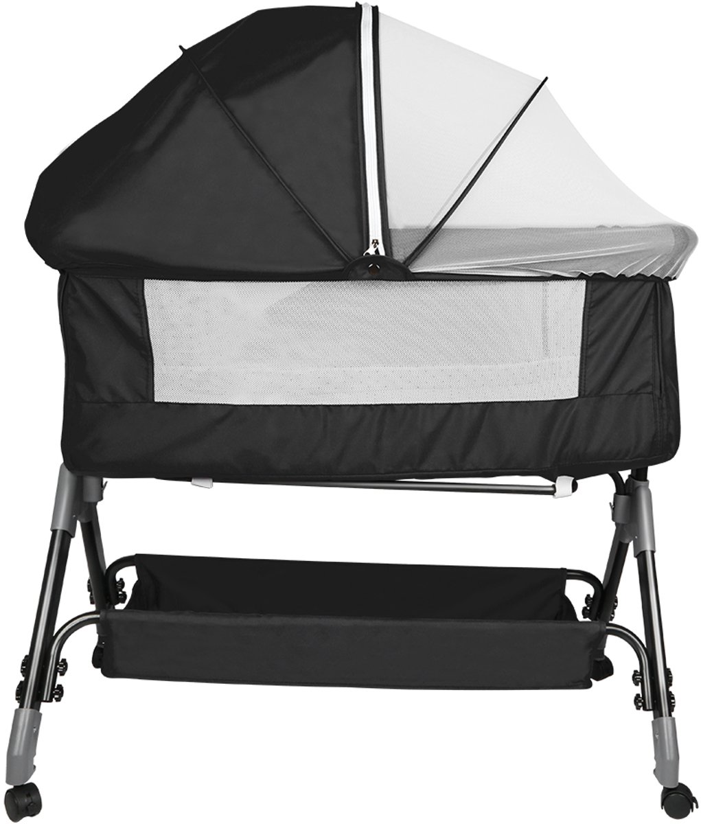 PIPIPOXER Babybedje 4-traps hoogteverstelling met plank, matras,Zwart