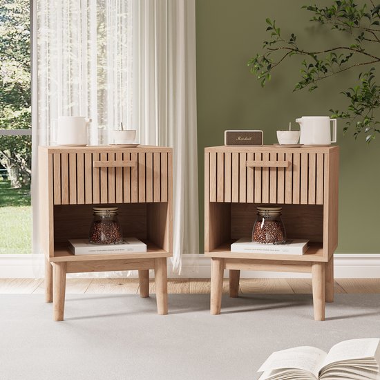 Set van 2 Nachtkastjes, Nachttafel van hout met opbergruimte, Bed Nachtkast, Bijzettafels, voor Slaapkamer, Woonkamer, L40 x H55 cm, Natuurlijk