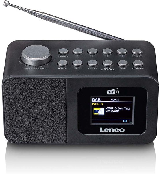 Zwarte Lenco wekkerradio met dab+ scherm, antenne en bedieningsknoppen.