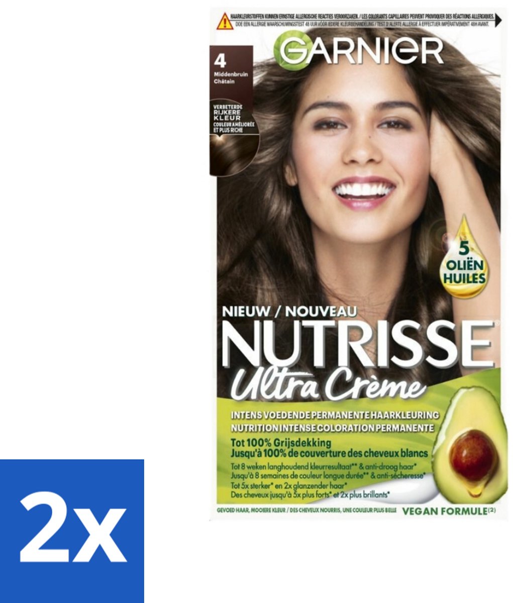 2 x Garnier - Nutrisse Ultra Crème 4 - Haarkleuring - Middenbruin - Intens Voedend - Permanente Kleur - Haarverf - Permanente Haarkleuring - Grijsdekking - Voedende Haarkleuring - Nutrisse Ultra Crème