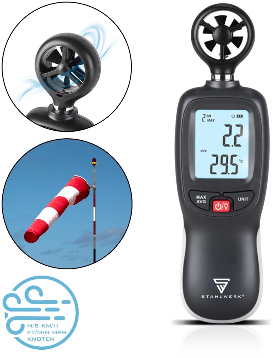 STAHLWERK anemometer | Compacte luchtsnelheidsmeter 30 m/s | Windmeter | Luchtdebietmeter | Nauwkeurige meting van windsnelheidsgegevens | Digitale luchttemperatuurmeter met LCD-scherm