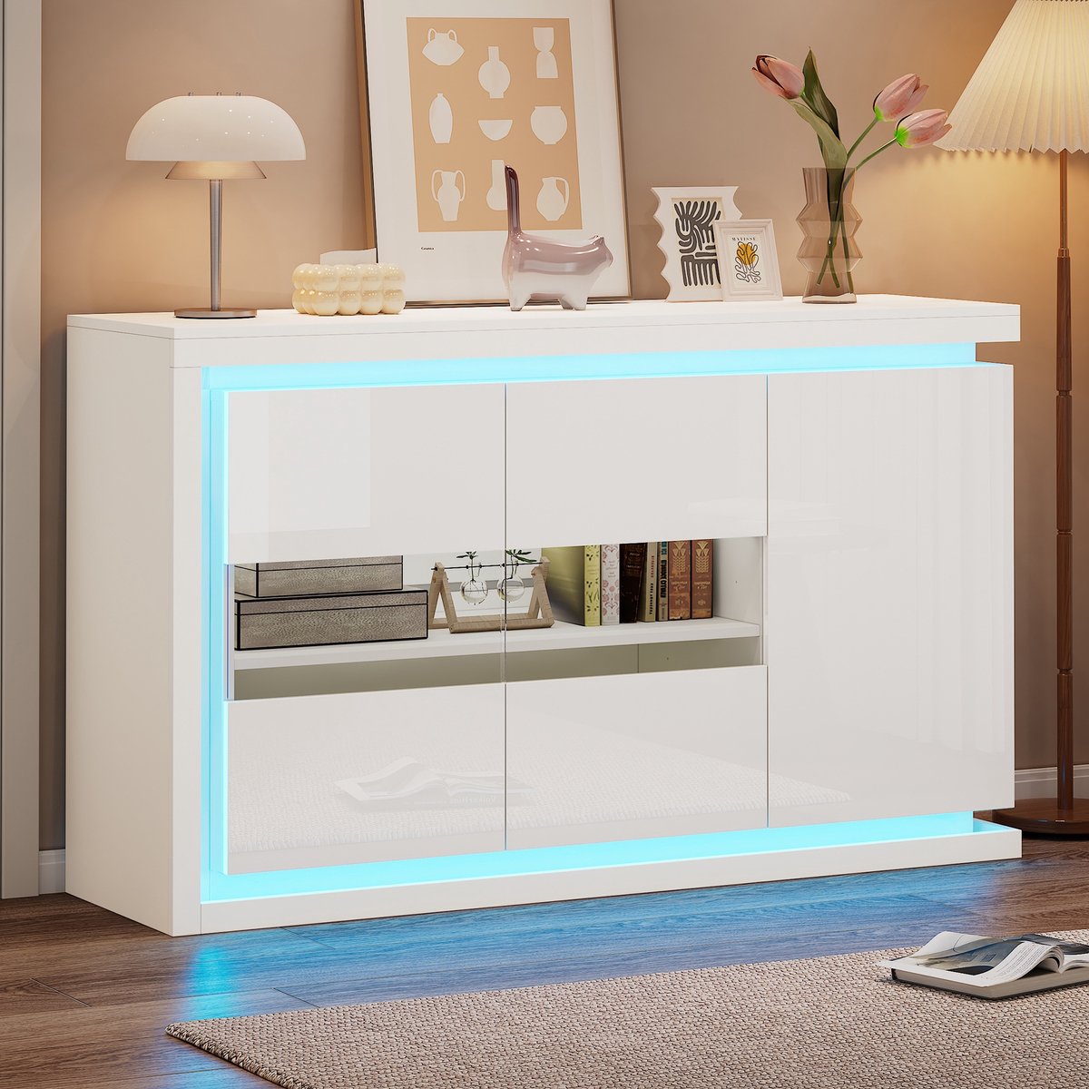 PHOEBE CAT Dressoir - 140*40*84 cm - LED-verlichting - Hoogglans - Glazen deuren - Wit