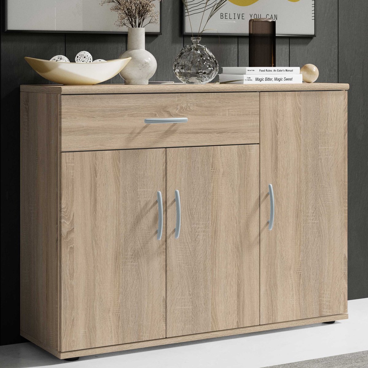 Commode Viviane 90cm Met 3 Deuren & 1 Lade - Eik - Emob - Dressoir - Bruin - Spaanplaat