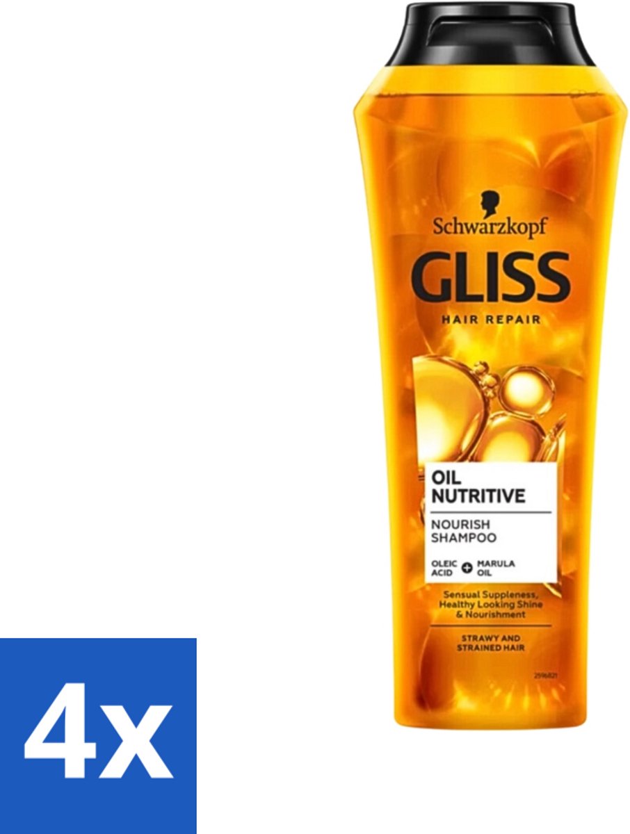 4 x Gliss - Shampoo - Oil Nutritive - Voor Voedend en Zijdezacht Haar - 250 ml - Glans Shampoo - Voedende Shampoo - Droog Haar Shampoo - Haarverzorging - Haar Conditioner