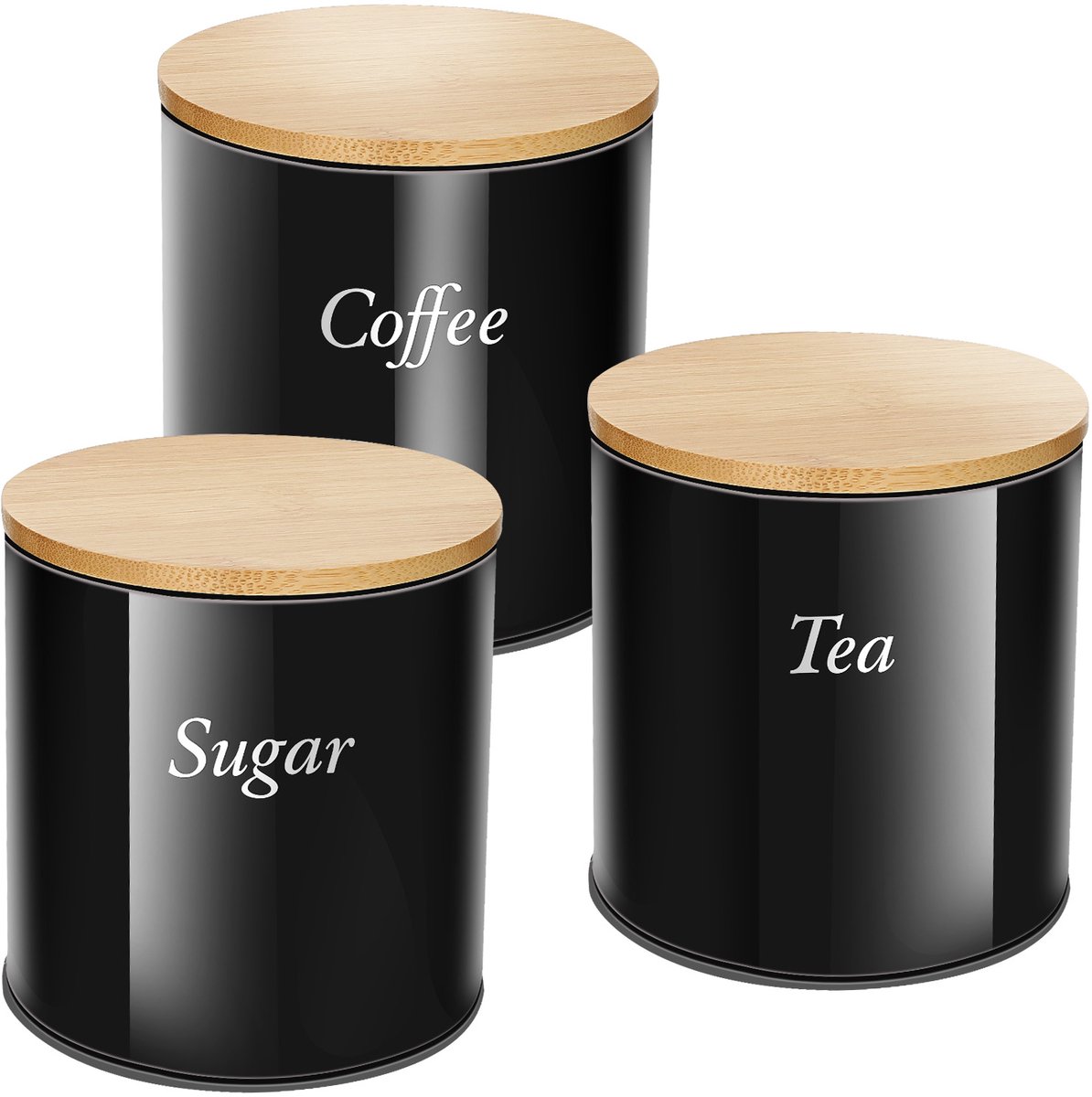 Cheffinger, Set 3 RVS dozen met bamboe deksel voor koffie, suiker en thee, Zwart / Bruin