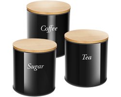 Cheffinger, Set 3 RVS dozen met bamboe deksel voor koffie, suiker en thee, Zwart / Bruin