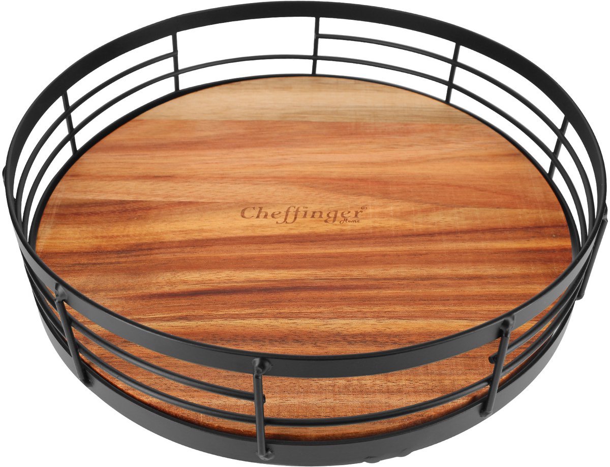 Cheffinger, Houten en Metalen Dienblad voor Keuken Draaibaar Roterend Ultra Praktisch, Zwart / Bruin