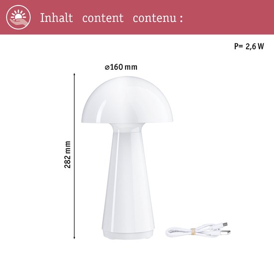 Paulmann Onzo - Lampe de table - mobile - IP44 - 2700K - 3stepdim - USBC - blanc - plastique