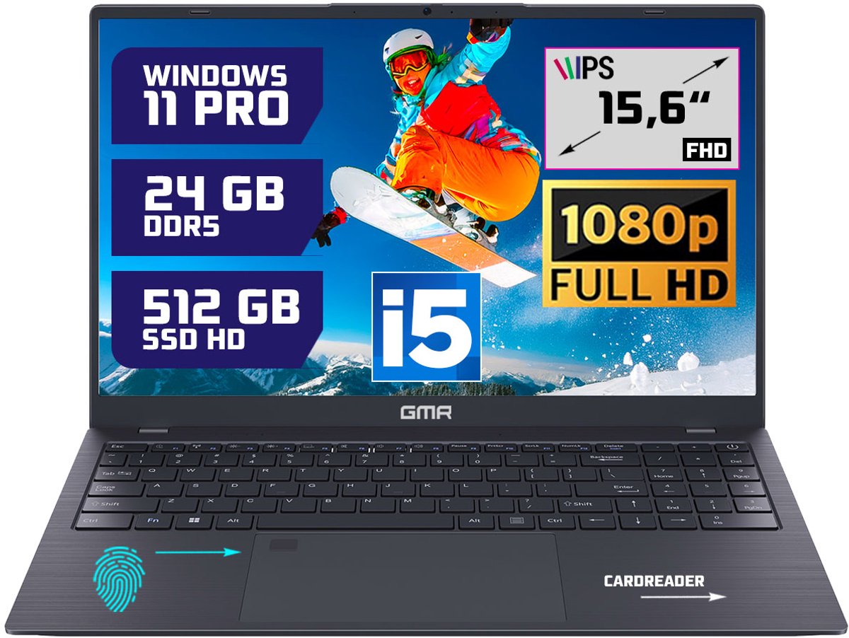 GMR - 15.6 Inch Full HD Laptop - Intel Core i5 - 24GB DDR5 RAM - 512GB SSD - Windows 11 Pro voor Thuis, Office en Studie notebook