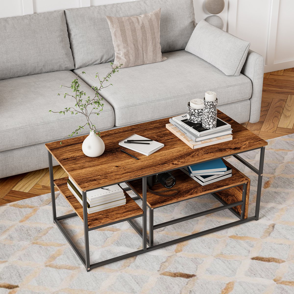 Set van 2 rechthoekige salontafels - Moderne salontafel in massief metaal met marmermotief, Etagère Intégrée, voor binnenhuisdecoratie, Bruin