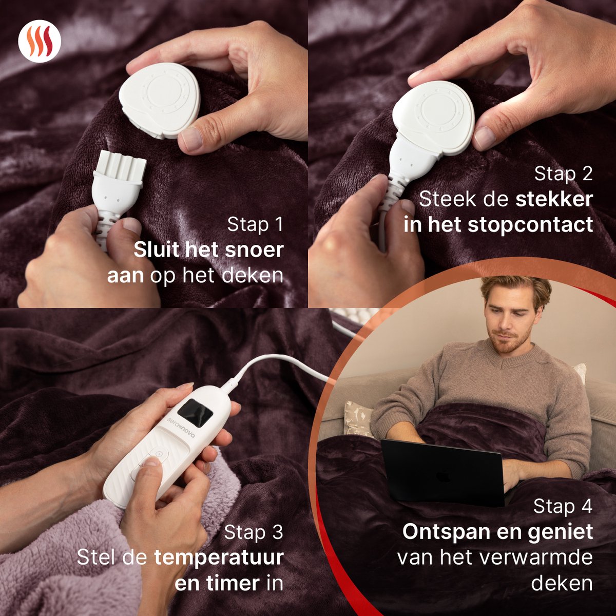 Afbeelding 2 van Seranova Elektrische Deken XXL - 180x160 cm - 2 persoons Bovendeken - Warmtedeken - Dubbelzijdig - Fleece Sherpa - Kastanjebruin