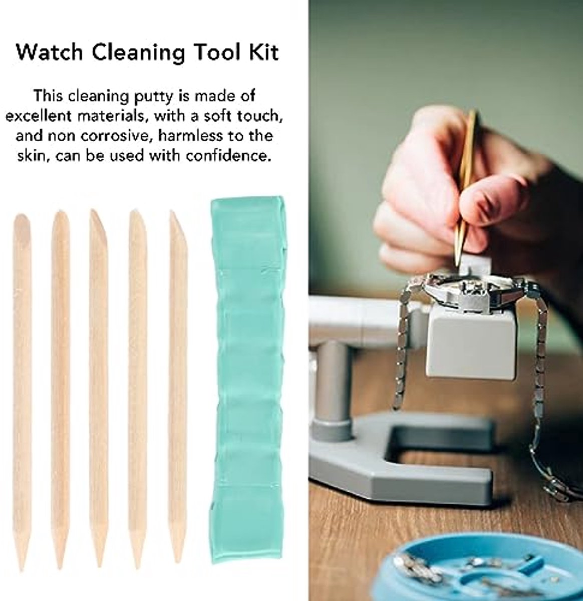 Horloge-lijm, multifunctionele horloge-reinigingsspatel, eenvoudige bediening, niet corrosief, 5 houten stokjes voor het verwijderen van stof, vuil en vet