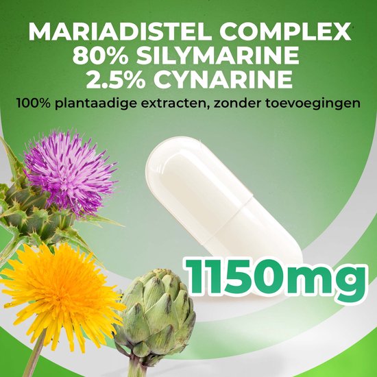 Mariadistel artisjok paardenbloem complex, 1150 mg per capsule. Met paarse distel, gele bloem en artisjok naast een capsule.