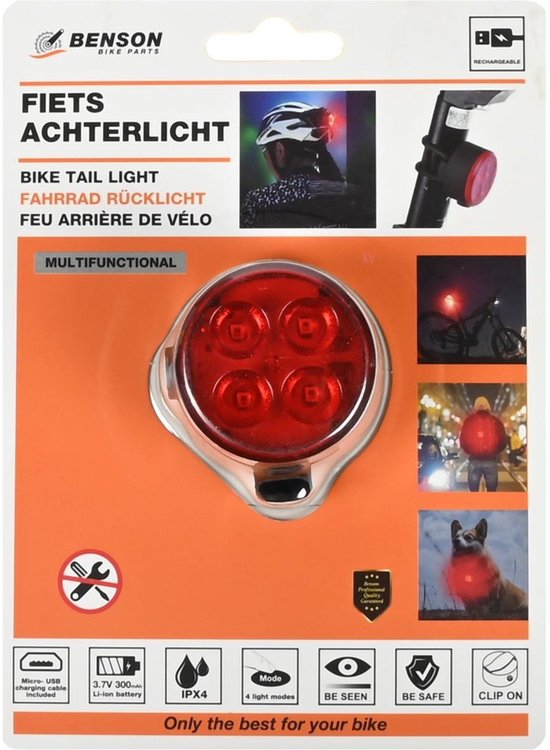 Benson Fietslamp - 2x - rood achterlicht - LED - USB oplaadbaar - inclusief clip en kabel — afbeelding 3