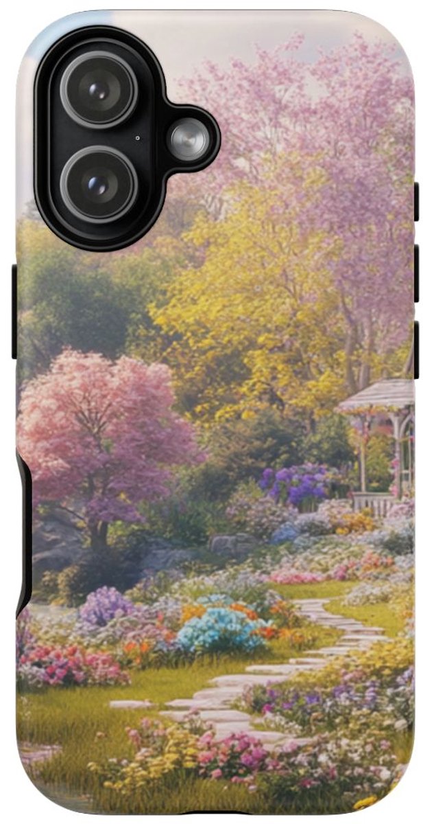 Bloementuin met Sfeervol Huisje bij Waterval – Telefoonhoesje Geschikt voor iPhone 17