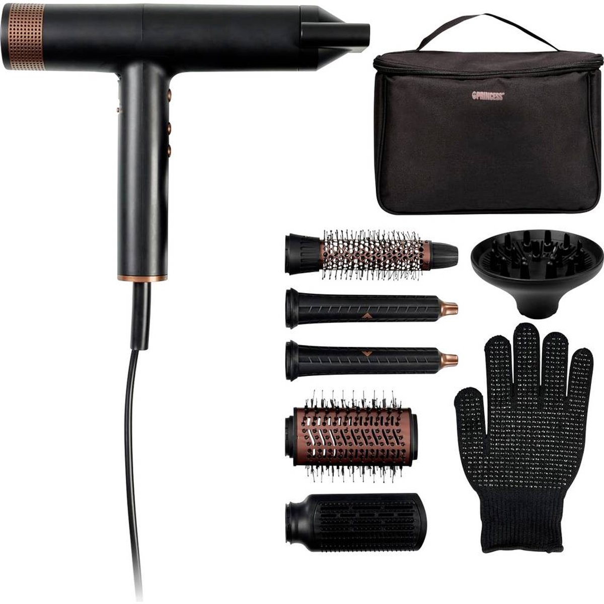 Princess Airstyler Pro 529205 - 7 in 1 - 2000 Watt - 1.8m snoer - BLDC Motor - Luxe Opbergtas - Hitte handschoen - Multi Styler - Hairwrap - Haarstijler - Haardroger - Warmteborstel - Fohnborstel - Krulborstel en Stijlborstel