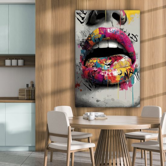 Canvas schilderij 80x120 cm - Wanddecoratie Lippen - Graffiti - Expressief - Muurdecoratie woonkamer - Slaapkamer decoratie - Kamer accessoires - Schilderijen op canvas