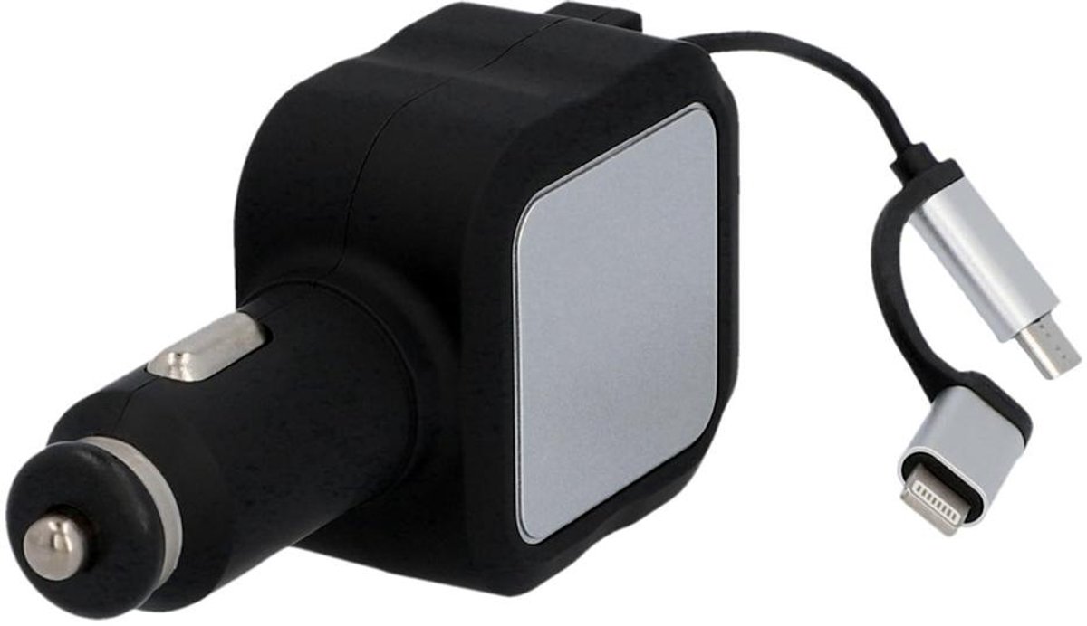 Cartrend dubbele USB autolader met uitschuifbare micro-USB kabel, zwart