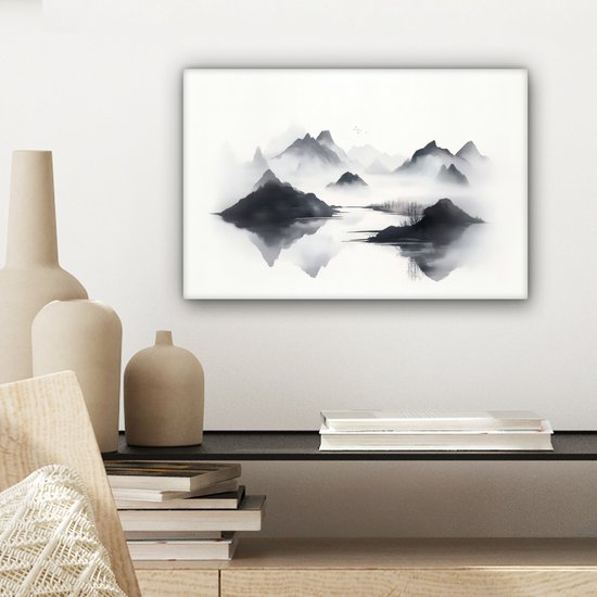 Canvas schilderij 30x20 cm - Exclusieve wanddecoratie Bergen - Mistig - Water - Wit - Muurdecoratie woonkamer - Slaapkamer decoratie - Kamer accessoires - Schilderijen op canvas