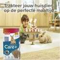 Meisje kijkt naar twee konijnen bij een kartonnen huisje met voerbakjes. Zak voer op de voorgrond.