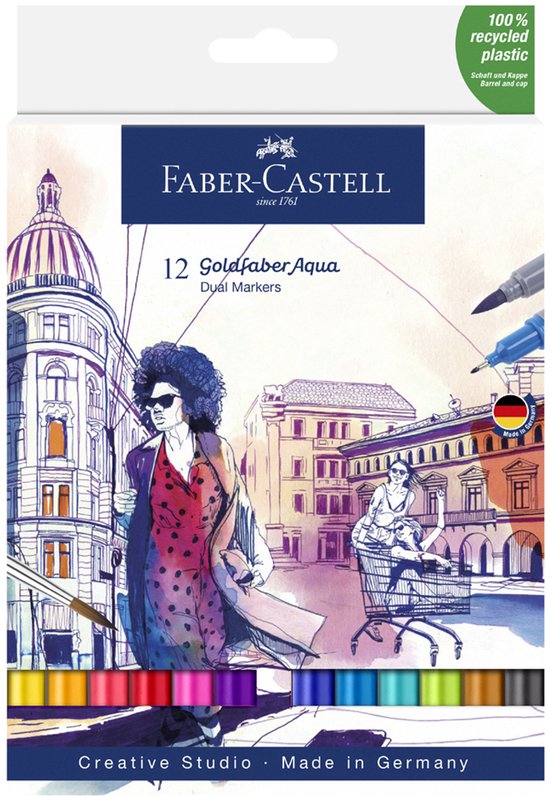 Emballage de 12 marqueurs doubles Faber-Castell Goldfaber Aqua, avec illustration aquarelle d'une femme portant des lunettes de soleil.