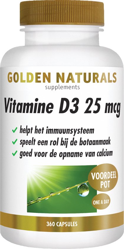 Pot met 360 capsules Vitamine D3 25 mcg. Helpt immuunsysteem, boten, opname calcium. Met afbeelding van gras en waterdruppels.