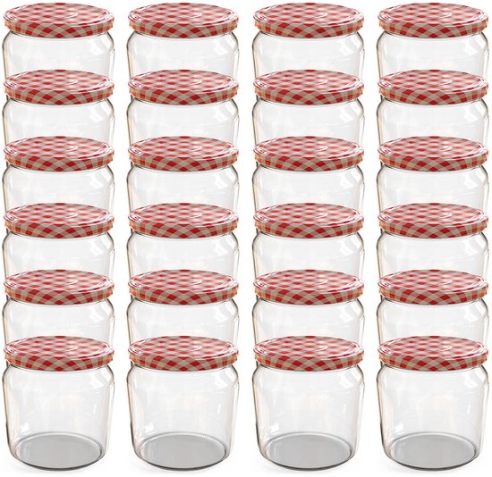 Une grille de 30 bocaux en verre vides avec des couvercles à carreaux rouges et blancs.